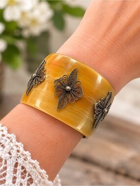Honey Amber Horn Cuff Bracelet Silver Filigree Butterflies Boho